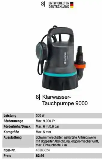 Hagebau Gardena Klarwasser-Tauchpumpe 9000 Angebot