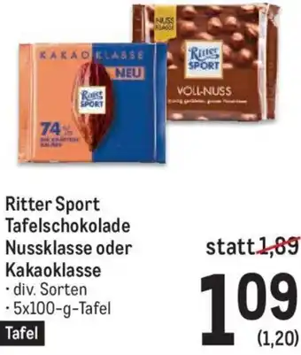 Metro Ritter Sport Tafelschokolade Nussklasse oder Kakaoklasse . div. Sorten - 5x100-g-Tafel Angebot
