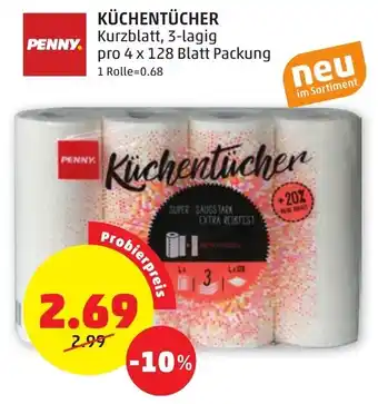 PENNY KÜCHENTÜCHER Kurzblatt, 3-lagig pro 4 x 128 Blatt Packung Angebot