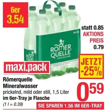 Maximarkt Römerquelle Mineralwasser prickelnd, mild oder still, 1,5 Liter Angebot