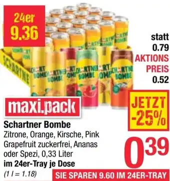 Maximarkt Schartner Bombe Zitrone, Orange, Kirsche, Pink Grapefruit zuckerfrei, Ananas oder Spezi, 0,33 Liter Angebot