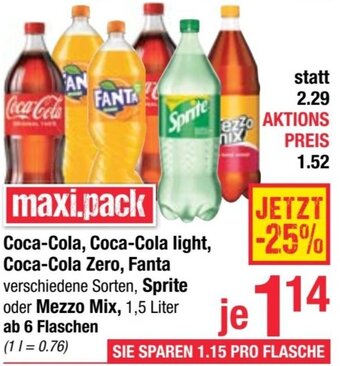 Maximarkt Coca-Cola, Coca-Cola light, Coca-Cola Zero, Fanta verschiedene Sorten, Sprite oder Mezzo Mix, 1,5 Liter Angebot