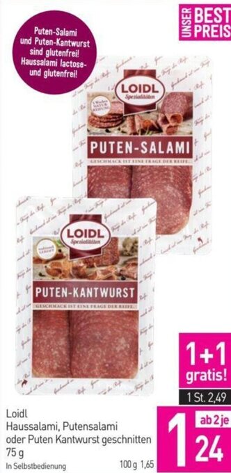 Sutterlüty Loidl Haussalami, Putensalami oder Puten Kantwurst geschnitten 75 g Angebot