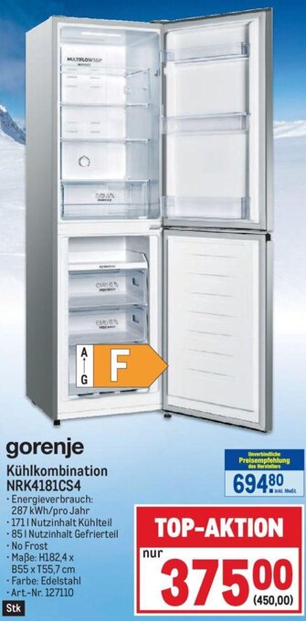 Metro gorenje Kühlkombination NRK4181CS4 Angebot