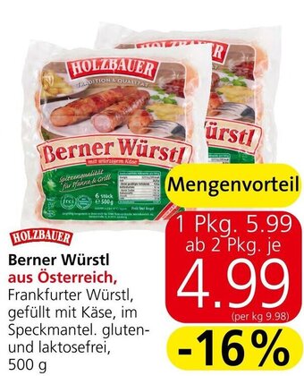 Spar HOLZBAUER Berner Würstl aus Österreich, Frankfurter Würstl, gefüllt mit Käse, im Speckmantel. gluten-und laktosefrei, 500 g Angebot
