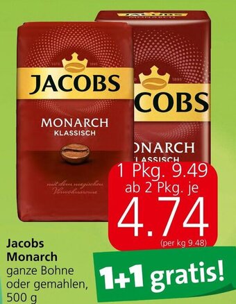 Spar Jacobs Monarch ganze Bohne oder gemahlen 500 g Angebot