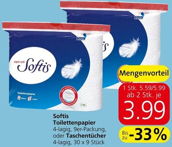Softis Toilettenpapier 4-lagig, 9er-Packung, oder Taschentücher 4-lagig, 30 x 9 Stück
