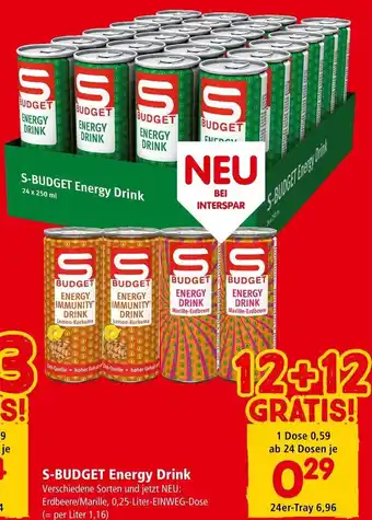 Interspar S-BUDGET Energy Drink Verschiedene Sorten und jetzt NEU: Erdbeere/Marille, 0,25-Liter-EINWEG-Dose Angebot