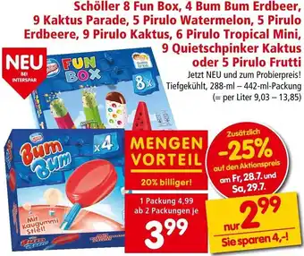 Interspar Schöller 8 Fun Box, 4 Bum Bum Erdbeer, 9 Kaktus Parade, 5 Pirulo Watermelon, 5 Pirulo Erdbeere, 9 Pirulo Kaktus 288 ml-442 ml Angebot