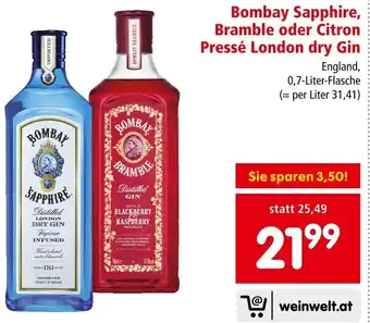 Interspar Bombay Sapphire, Bramble oder Citron Pressé London dry Gin England, 0,7-Liter-Flasche Angebot
