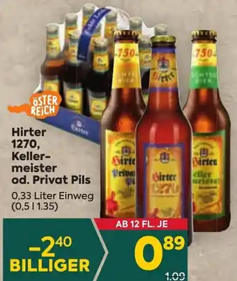 Billa Hirter 1270, Kellermeister od. Privat Pils 0,33 Liter Angebot
