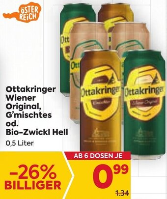 Billa Ottakringer Wiener Original, G'mischtes od. Bio-Zwickl Hell 0,5 Liter Angebot