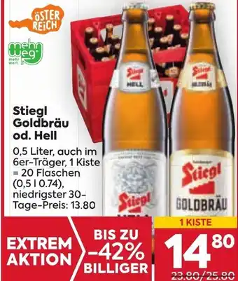 Billa Stiegl Goldbräu od. Hell 0,5 Liter, auch im 6er-Träger, 1 Kiste Angebot