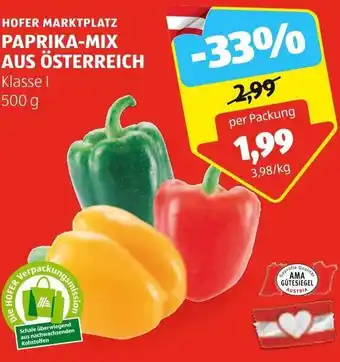 Hofer HOFER MARKTPLATZ PAPRIKA-MIX AUS ÖSTERREICH Klasse I 500 g Angebot
