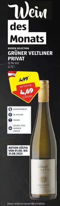 Hofer RIEDEN SELECTION GRÜNER VELTLINER PRIVAT 0,75 L Angebot