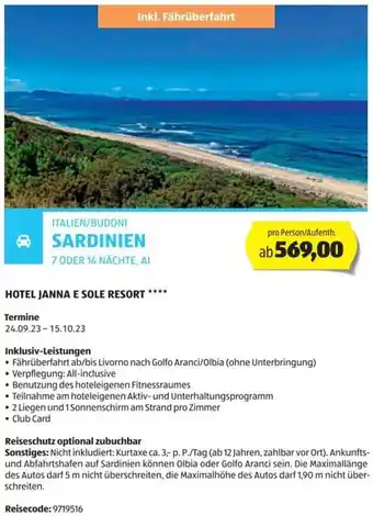 Hofer Reisen ITALIEN/BUDONI SARDINIEN 7.ODER 14 NÄCHTE, AI Angebot