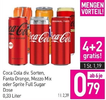 Sutterlüty Coca Cola div. Sorten, Fanta Orange, Mezzo Mix oder Sprite Full Sugar Dose 0,33 Liter Angebot