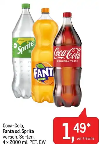 Metro Coca-Cola, Fanta od. Sprite versch. Sorten, 4 x 2000 ml, PET, EW Angebot