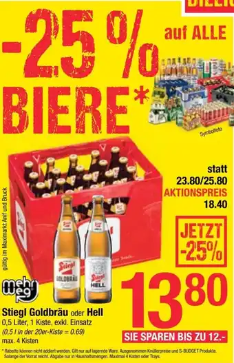 Maximarkt Stiegl Goldbräu oder Hell 0,5 Liter, 1 Kiste, exkl. Einsatz Angebot