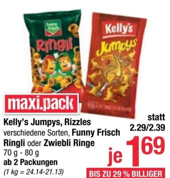 Maximarkt Kelly's Jumpys, Rizzles verschiedene Sorten, Funny Frisch Ringli oder Zwiebli Ringe 70 g- 80 g Angebot