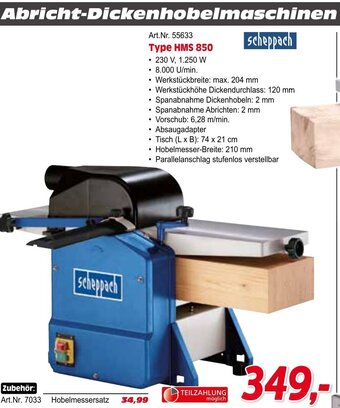 Zgonc Scheppach Abricht-Dickenhobelmaschinen Type HMS 850 Angebot