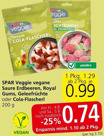 Spar SPAR Veggie vegane Saure Erdbeeren, Royal Gums, Geleefrüchte oder Cola-Flascherl 200 g Angebot