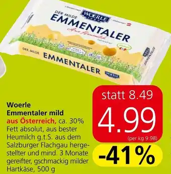 Spar Woerle Emmentaler mild aus Österreich, ca. 30% Fett absolut 500 g Angebot