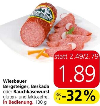 Spar Wiesbauer Bergsteiger, Beskada oder Rauchkäsewurst gluten- und laktosefrei, in Bedienung, 100 g Angebot