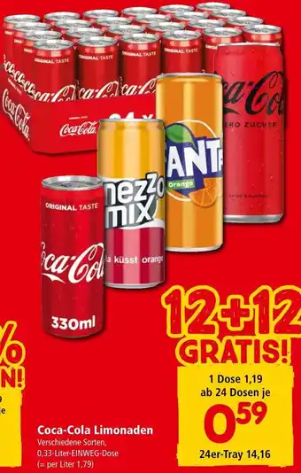 Interspar Coca-Cola Limonaden Verschiedene Sorten, 0,33-Liter-EINWEG-Dose (= per Liter 1,79) Angebot