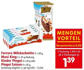 Interspar Ferrero Milchschnitte 5x28 g, Maxi King 3x35-g-Packung, Kinder Pingui 4x30 g od Pingui Saison 4 x 30 g, Sortierung möglich! Angebot