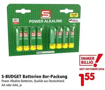 Interspar S-BUDGET Batterien 8er-Packung Power Alkaline-Batterien, Qualiät aus Deutschland. AA oder AAA, je Angebot