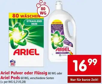 Interspar Ariel Pulver oder Flüssig 80 WG oder Ariel Pods 60 WG, verschiedene Sorten (= per WG 0,21/0,28) Angebot