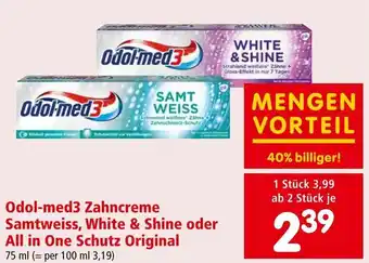 Interspar Odol-med3 Zahncreme Samtweiss, White & Shine oder All in One Schutz Original 75 ml Angebot