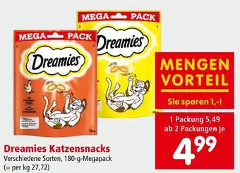Interspar Dreamies Katzensnacks Verschiedene Sorten, 180-g-Megapack (= per kg 27,72) Angebot