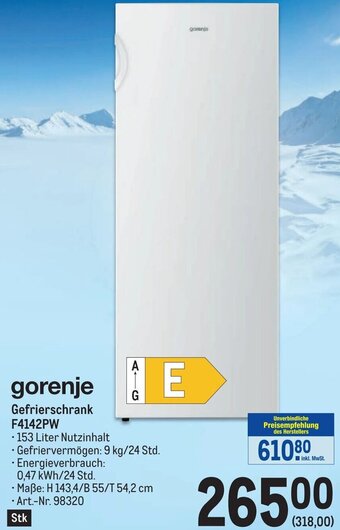 Metro gorenje Gefrierschrank F4142PW Angebot
