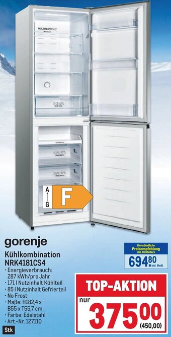 Metro gorenje Kühlkombination NRK4181CS4 Angebot