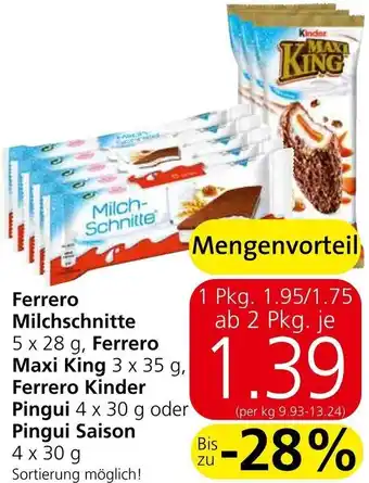 Eurospar Ferrero Milchschnitte 5 x 28 g, Ferrero Maxi King 3 x 35 g, Ferrero Kinder Pingui 4 x 30 g oder Pingui Saison 4 x 30 g Angebot