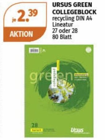 Müller URSUS GREEN COLLEGEBLOCK recycling DIN A4 Lineatur 27 oder 28 80 Blatt Angebot