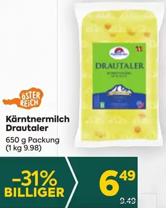 Billa Kärntnermilch Drautaler 650 g Packung (1 kg 9.98) Angebot