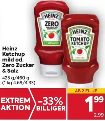 Billa Heinz Ketchup mild od. Zero Zucker & Salz 425 g/ 460 g Angebot