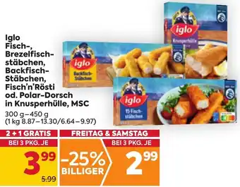 Billa Iglo Fisch-, Brezelfisch- stäbchen, Backfisch- Stäbchen, Fisch'n'Rösti od. Polar-Dorsch in Knusperhülle, MSC 300 g-450 g Angebot