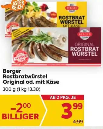 Billa Berger Rostbratwürstel Original od. mit Käse 300 g (1 kg 13.30) Angebot
