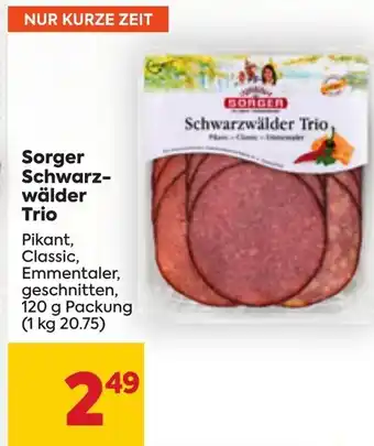 Billa Sorger Schwarz- wälder Trio Pikant, Classic, Emmentaler, geschnitten, 120 g Packung (1 kg 20.75) Angebot