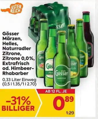 Billa Gösser Märzen, Helles, Naturradler Zitrone, Zitrone 0,0%, Extrafrisch od. Himbeer-Rhabarber 0,33 Liter Angebot
