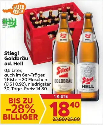 Billa Stiegl Goldbräu od. Hell 0,5 Liter, auch im 6er-Träger, Angebot