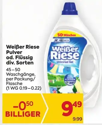 Billa Weißer Riese Pulver od. Flüssig div. Sorten 45-50 Waschgänge, per Packung/ Flasche (1 WG 0.19-0.22) Angebot