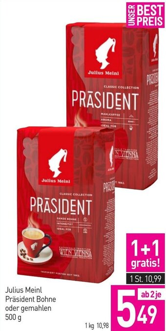 Sutterlüty Julius Meinl Präsident Bohne oder gemahlen 500 g Angebot