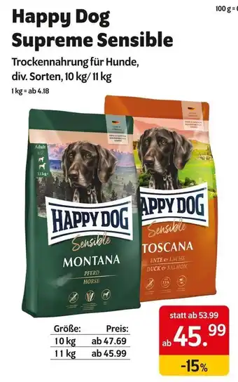 Das Futterhaus Happy Dog Supreme Sensible Trockennahrung für Hunde, div. Sorten, 10 kg/11 kg Angebot