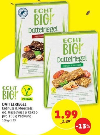 PENNY DATTELRIEGEL Erdnuss & Meersalz od. Haselnuss & Kakao pro 150 g Packung Angebot