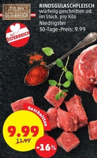 PENNY RINDSGULASCHFLEISCH würfelig geschnitten od. im Stück, pro Kilo Angebot